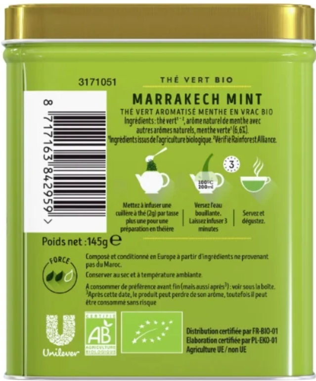 Thé vert Marrakech Mint BIO en vrac Boite Métallique Lipton 145g